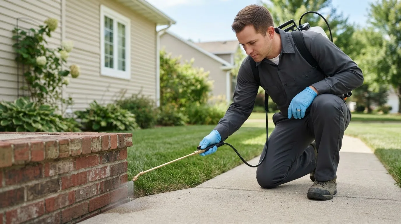 Pest control technician treating a home near Kenton, OK
